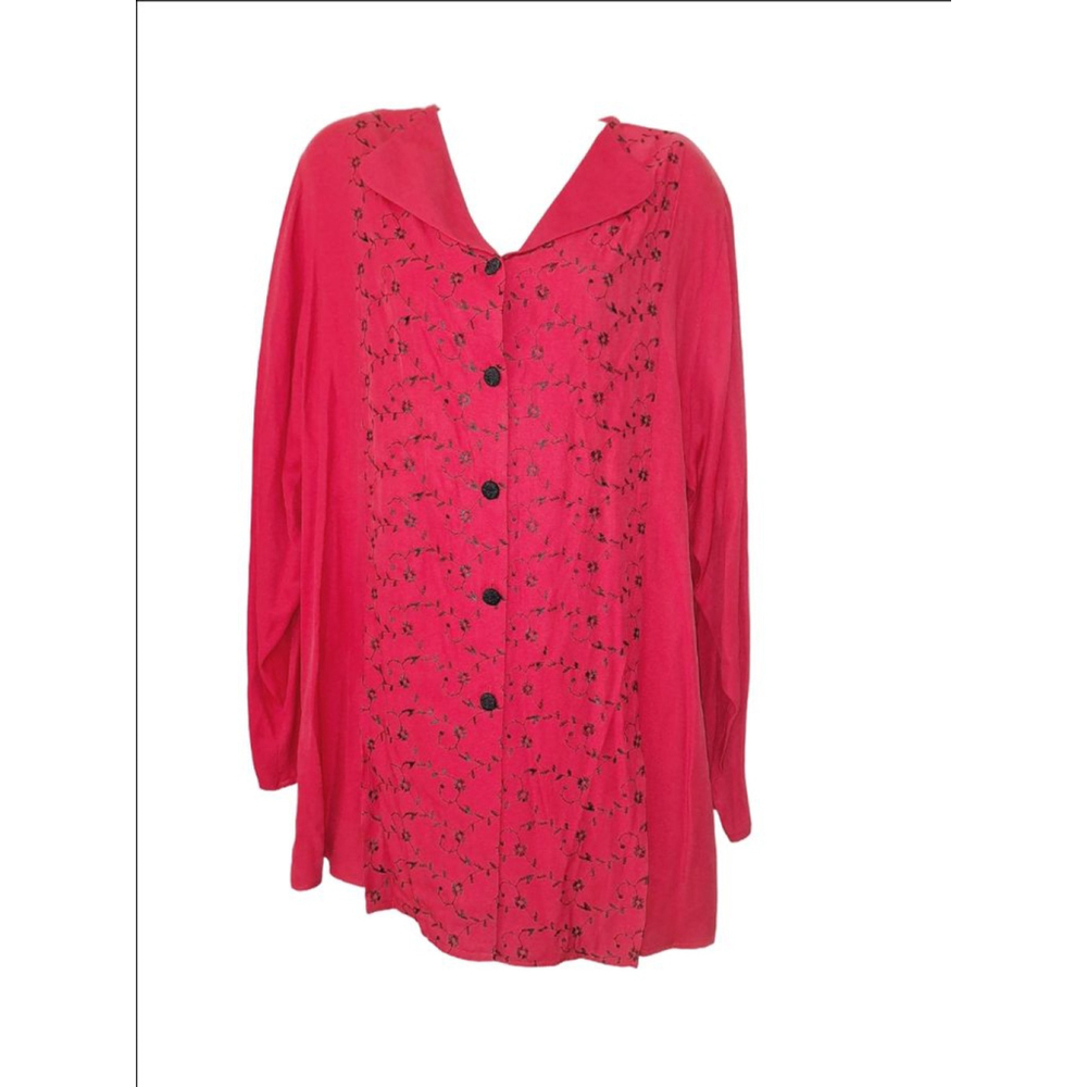 Gloria Lane Button-Up Sz 22/24 Red Floral Embroidered vintage shoulder pads top